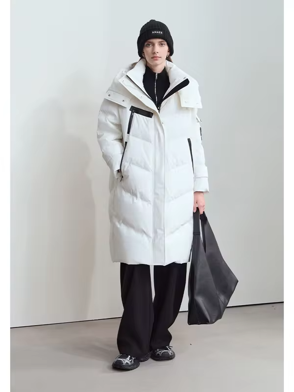 Amii 2025 Winter New Women's Duck Down Warm Hooded Solid Long-sleeved Three-proof Down Jacket Loose Shoulder Sleeve Top