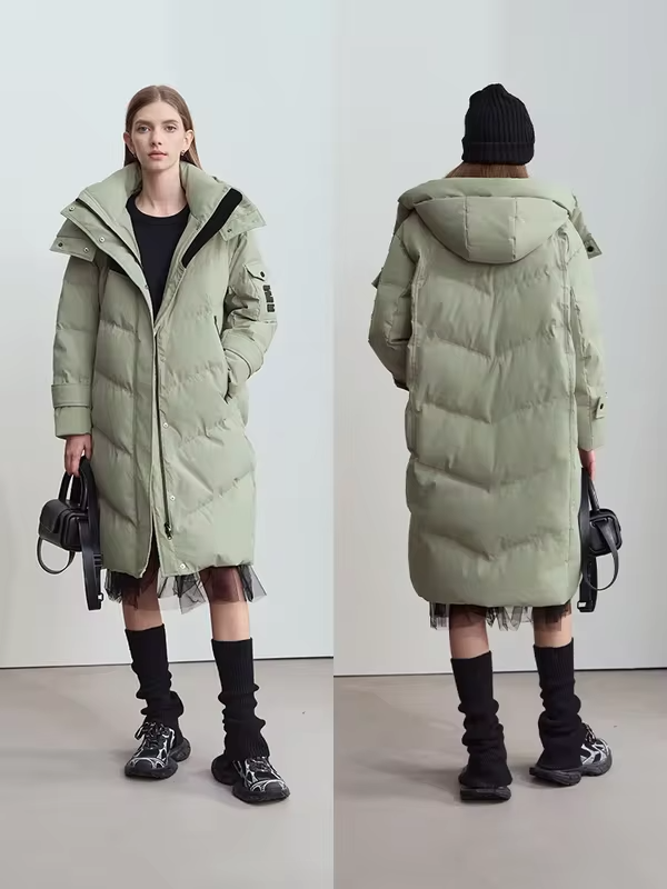 Amii 2025 Winter New Women's Duck Down Warm Hooded Solid Long-sleeved Three-proof Down Jacket Loose Shoulder Sleeve Top
