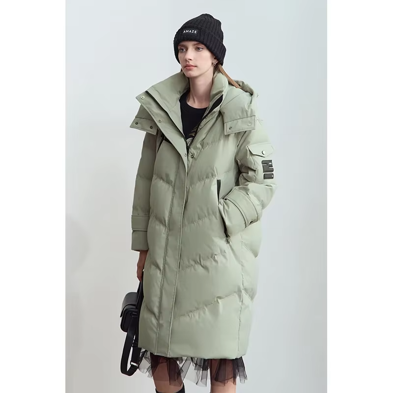 Amii 2025 Winter New Women's Duck Down Warm Hooded Solid Long-sleeved Three-proof Down Jacket Loose Shoulder Sleeve Top