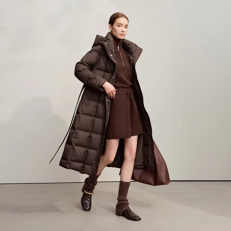 Amii Down Jacket Women 2025 Winter New Warm Casual Hooded Down Coats For Woman Versatile Long With Belt Female Clothing