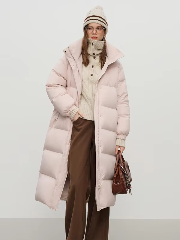 FSLE 2025 Winter Women's Long Down Coat Stand Collar Hood Straight Cut Thermal Puffer Warm Windproof Outerwear for Cold Weather