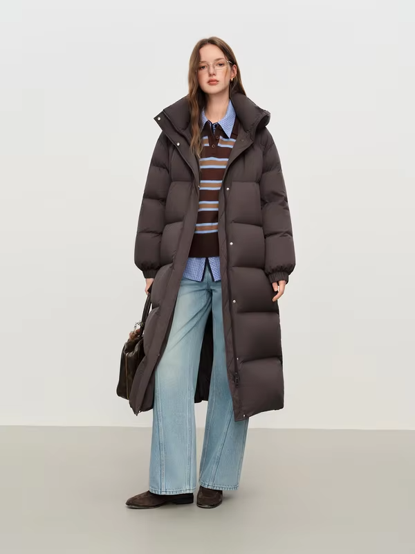 FSLE 2025 Winter Women's Long Down Coat Stand Collar Hood Straight Cut Thermal Puffer Warm Windproof Outerwear for Cold Weather