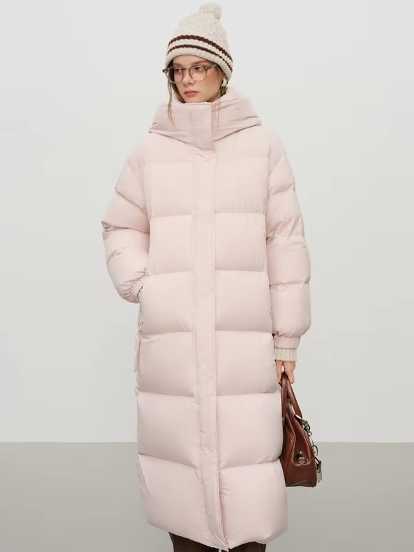 FSLE 2025 Winter Women's Long Down Coat Stand Collar Hood Straight Cut Thermal Puffer Warm Windproof Outerwear for Cold Weather