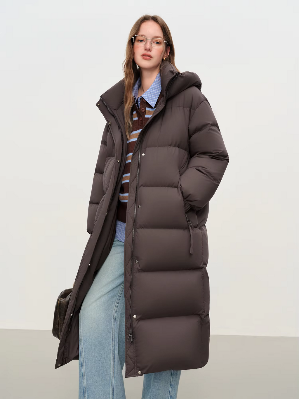 FSLE 2025 Winter Women's Long Down Coat Stand Collar Hood Straight Cut Thermal Puffer Warm Windproof Outerwear for Cold Weather