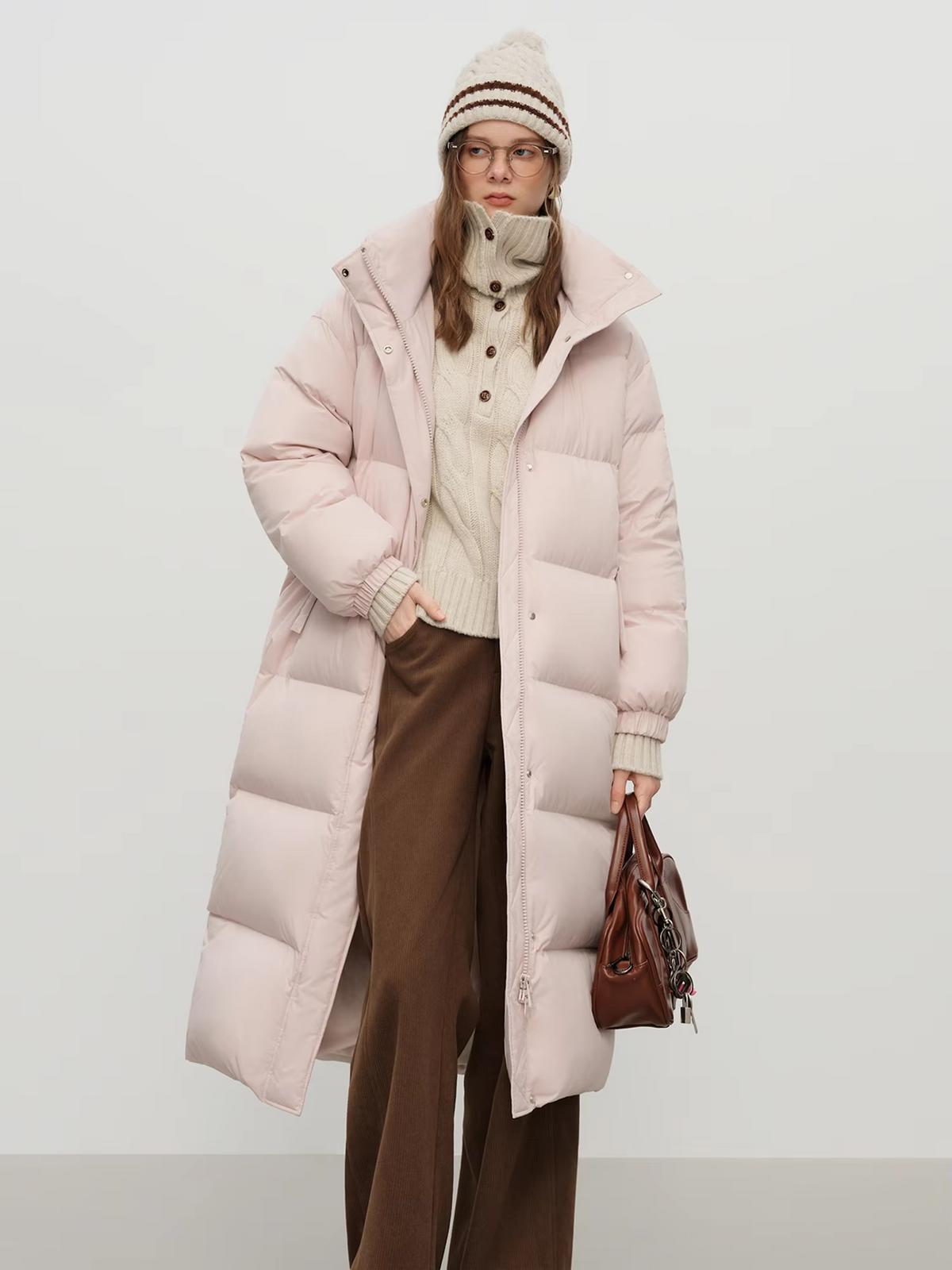 FSLE 2025 Winter Women's Long Down Coat Stand Collar Hood Straight Cut Thermal Puffer Warm Windproof Outerwear for Cold Weather
