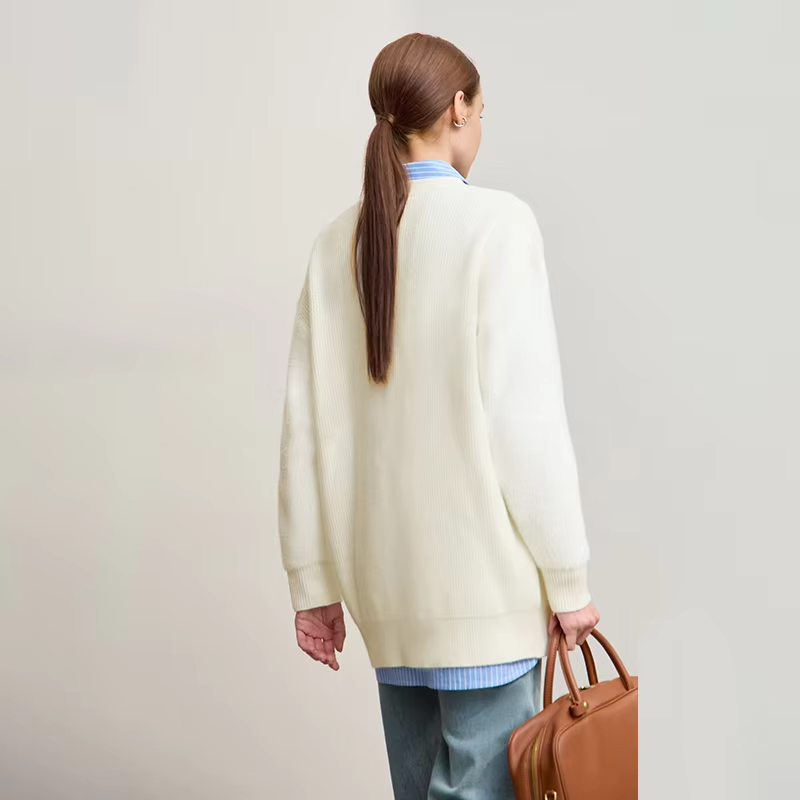Amii Cardigan For Women 2025 Winter New Loose Elastic Long Sleeves Top V-neck Knit Wool Versatile Thick Warm Cardigan