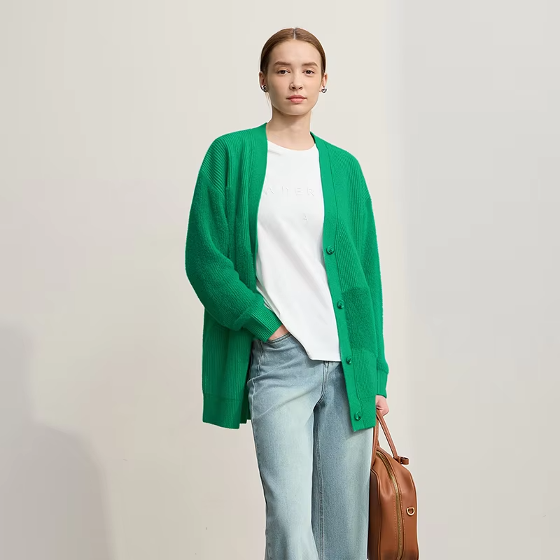 Amii Cardigan For Women 2025 Winter New Loose Elastic Long Sleeves Top V-neck Knit Wool Versatile Thick Warm Cardigan