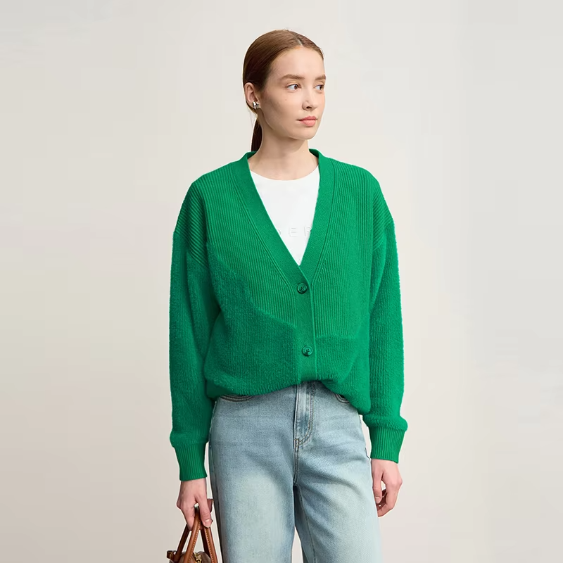 Amii Cardigan For Women 2025 Winter New Loose Elastic Long Sleeves Top V-neck Knit Wool Versatile Thick Warm Cardigan