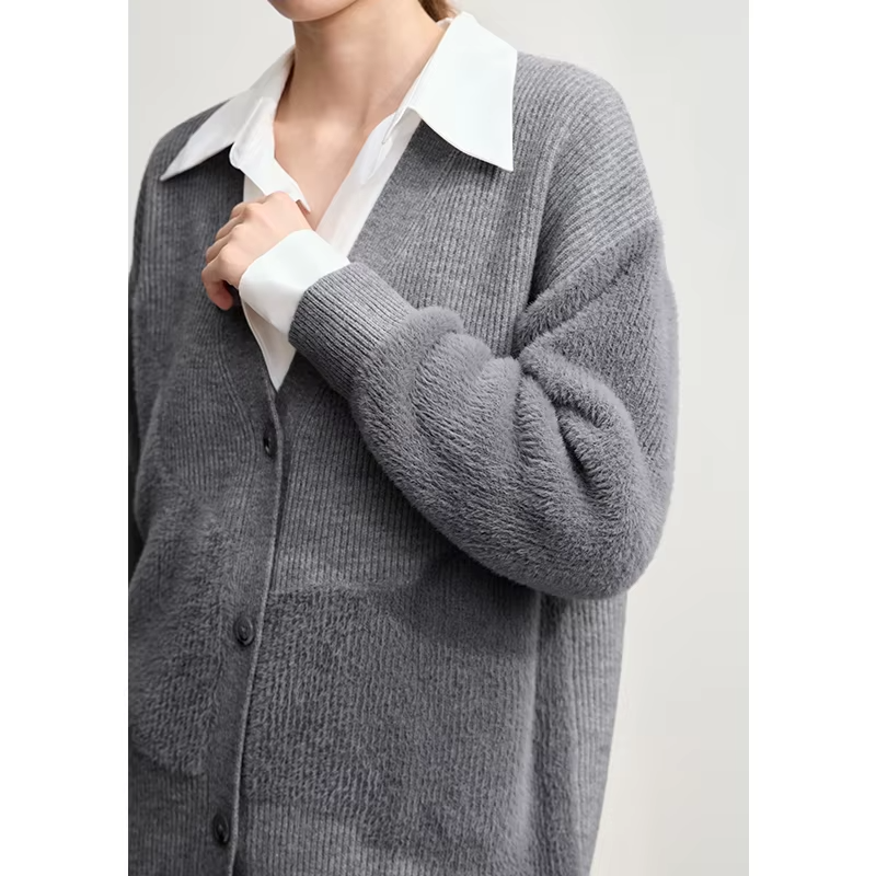 Amii Cardigan For Women 2025 Winter New Loose Elastic Long Sleeves Top V-neck Knit Wool Versatile Thick Warm Cardigan