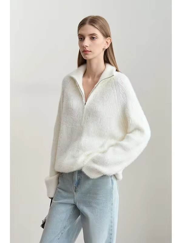 Amii Turtleneck Sweater Zipper Semi-open Imitation Mink Needle Pullovers 2025 Winter Women's Loose Shoulder Sleeve Tops