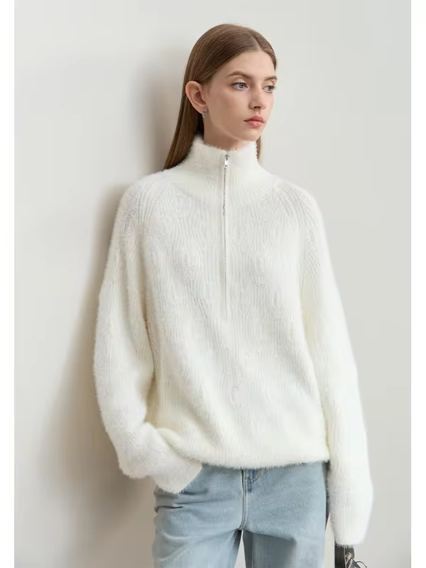 Amii Turtleneck Sweater Zipper Semi-open Imitation Mink Needle Pullovers 2025 Winter Women's Loose Shoulder Sleeve Tops