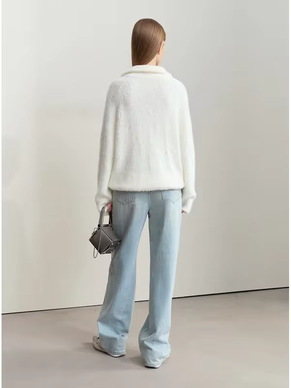 Amii Turtleneck Sweater Zipper Semi-open Imitation Mink Needle Pullovers 2025 Winter Women's Loose Shoulder Sleeve Tops
