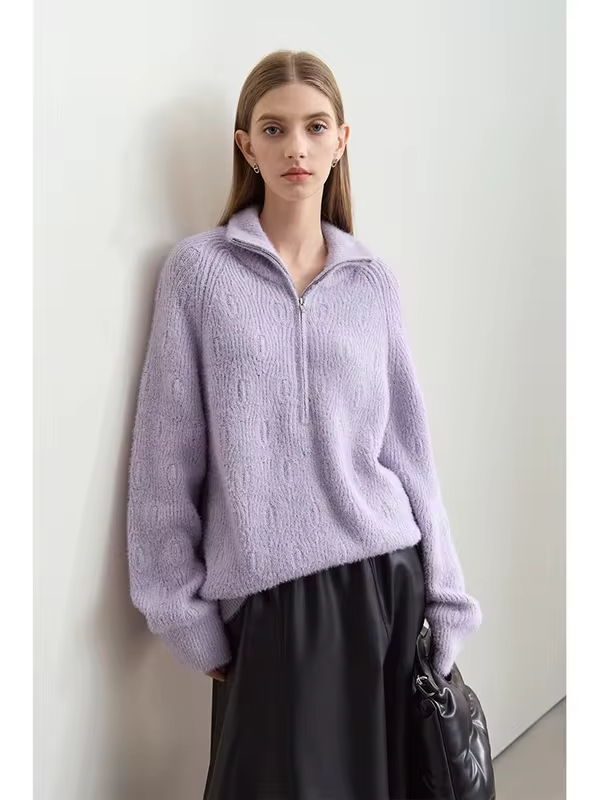 Amii Turtleneck Sweater Zipper Semi-open Imitation Mink Needle Pullovers 2025 Winter Women's Loose Shoulder Sleeve Tops