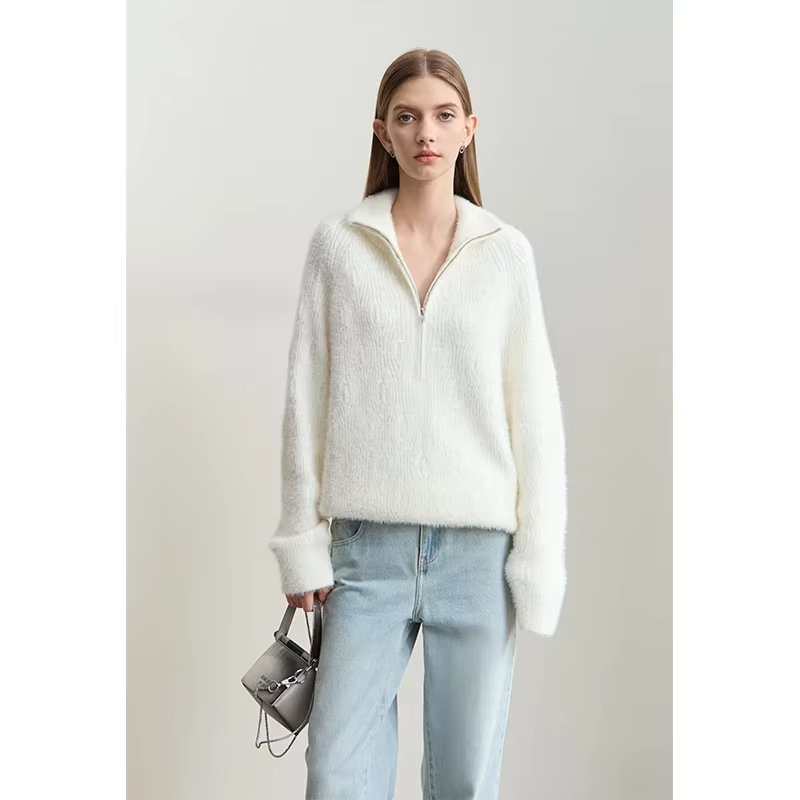 Amii Turtleneck Sweater Zipper Semi-open Imitation Mink Needle Pullovers 2025 Winter Women's Loose Shoulder Sleeve Tops