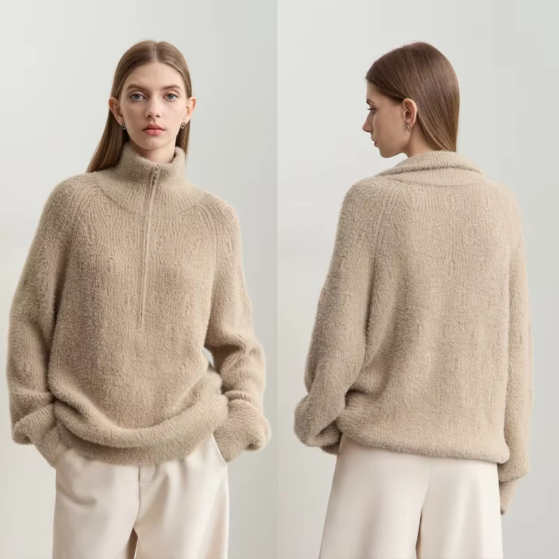 Amii Turtleneck Sweater Zipper Semi-open Imitation Mink Needle Pullovers 2025 Winter Women's Loose Shoulder Sleeve Tops