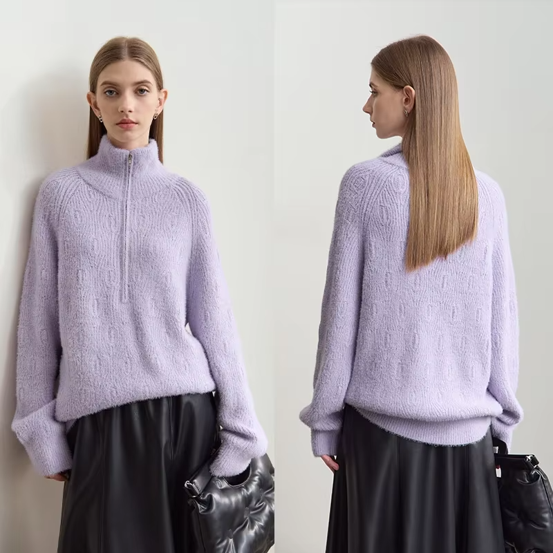 Amii Turtleneck Sweater Zipper Semi-open Imitation Mink Needle Pullovers 2025 Winter Women's Loose Shoulder Sleeve Tops