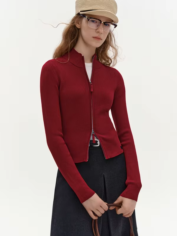 DUSHU 2026 Winter Women's Solid Stand Collar Zipper Knit Sweater - Chic Fitted Long Sleeve Versatile Top for Everyday Wear