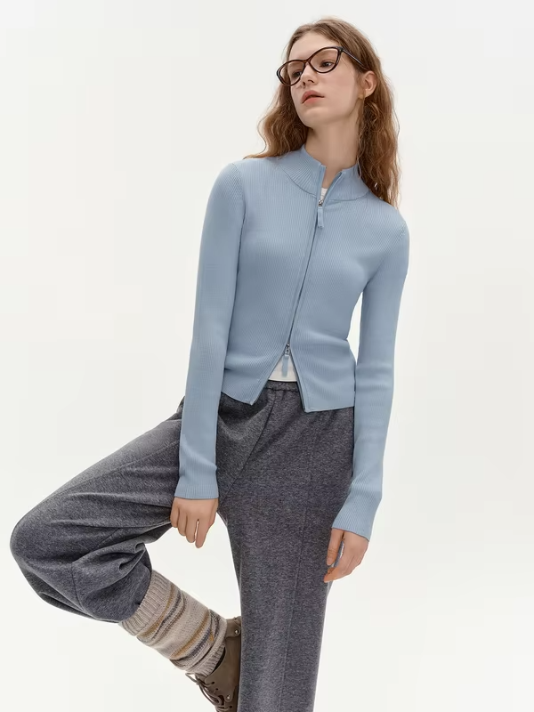 DUSHU 2026 Winter Women's Solid Stand Collar Zipper Knit Sweater - Chic Fitted Long Sleeve Versatile Top for Everyday Wear