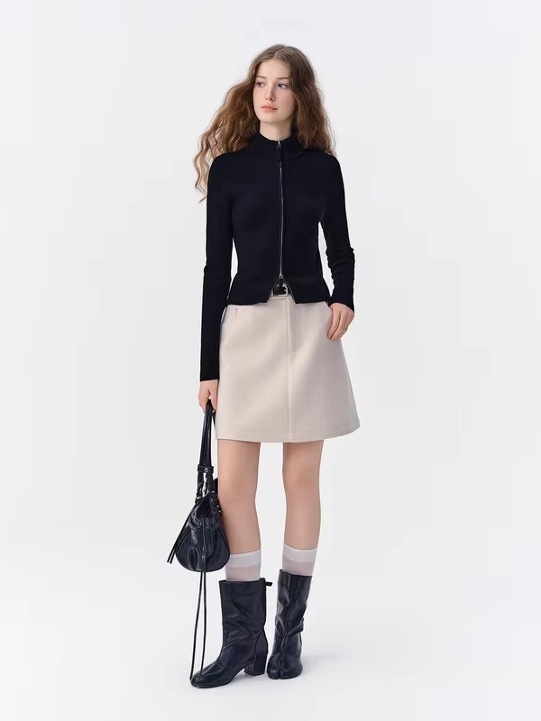 DUSHU 2026 Winter Women's Solid Stand Collar Zipper Knit Sweater - Chic Fitted Long Sleeve Versatile Top for Everyday Wear