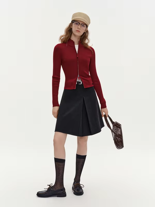 DUSHU 2026 Winter Women's Solid Stand Collar Zipper Knit Sweater - Chic Fitted Long Sleeve Versatile Top for Everyday Wear