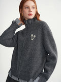 DUSHU Gray Knitted Striped Patchwork Cardigan Women 2025 Winter Casual Slimming Sweater Do-old Design Classic Ins Temperament