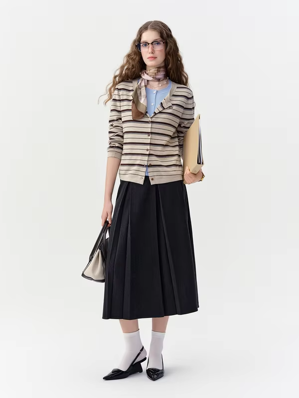 DUSHU 2026 Winter Women's Striped Faux Two-Piece Long Sleeve Knit Sweater - Chic Trendy for Office Commute and Daily Wear
