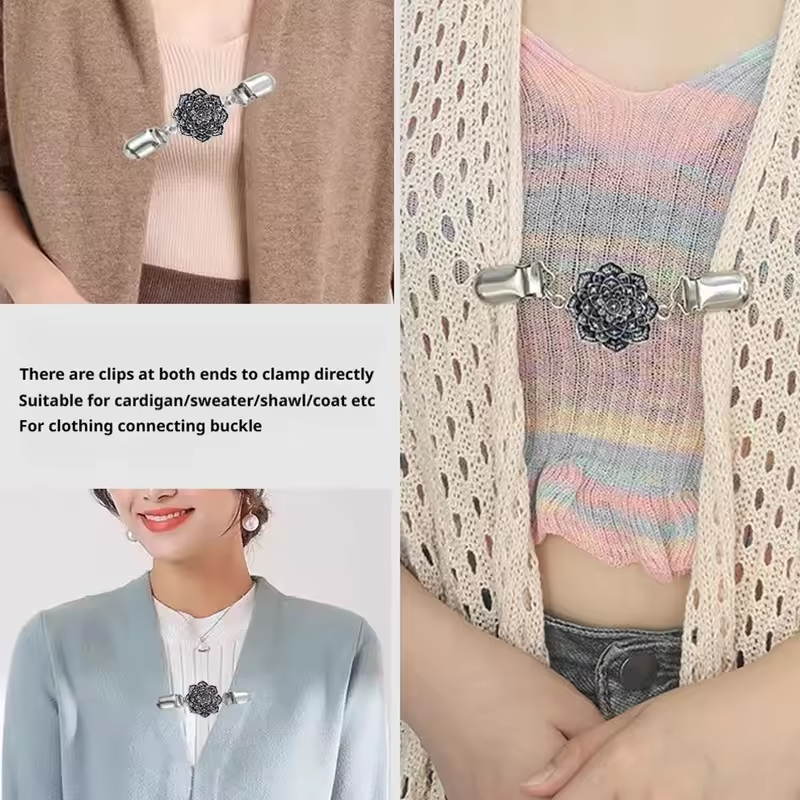 Fashion Cardigan Clip for Women Vintage Sweater Dress Shawl Clips Rhinestone Floral Scarf Collar Clasp Brooch Elegant Decor
