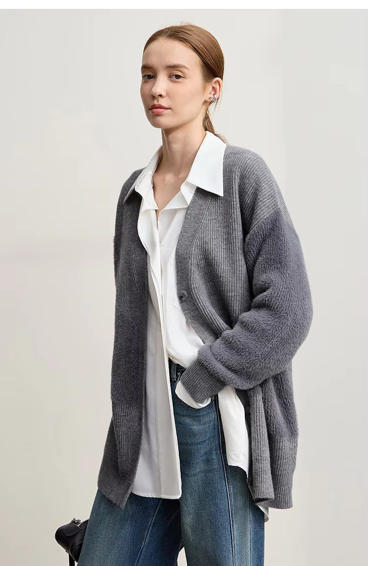 Amii Cardigan For Women 2025 Winter New Loose Elastic Long Sleeves Top V-neck Knit Wool Versatile Thick Warm Cardigan